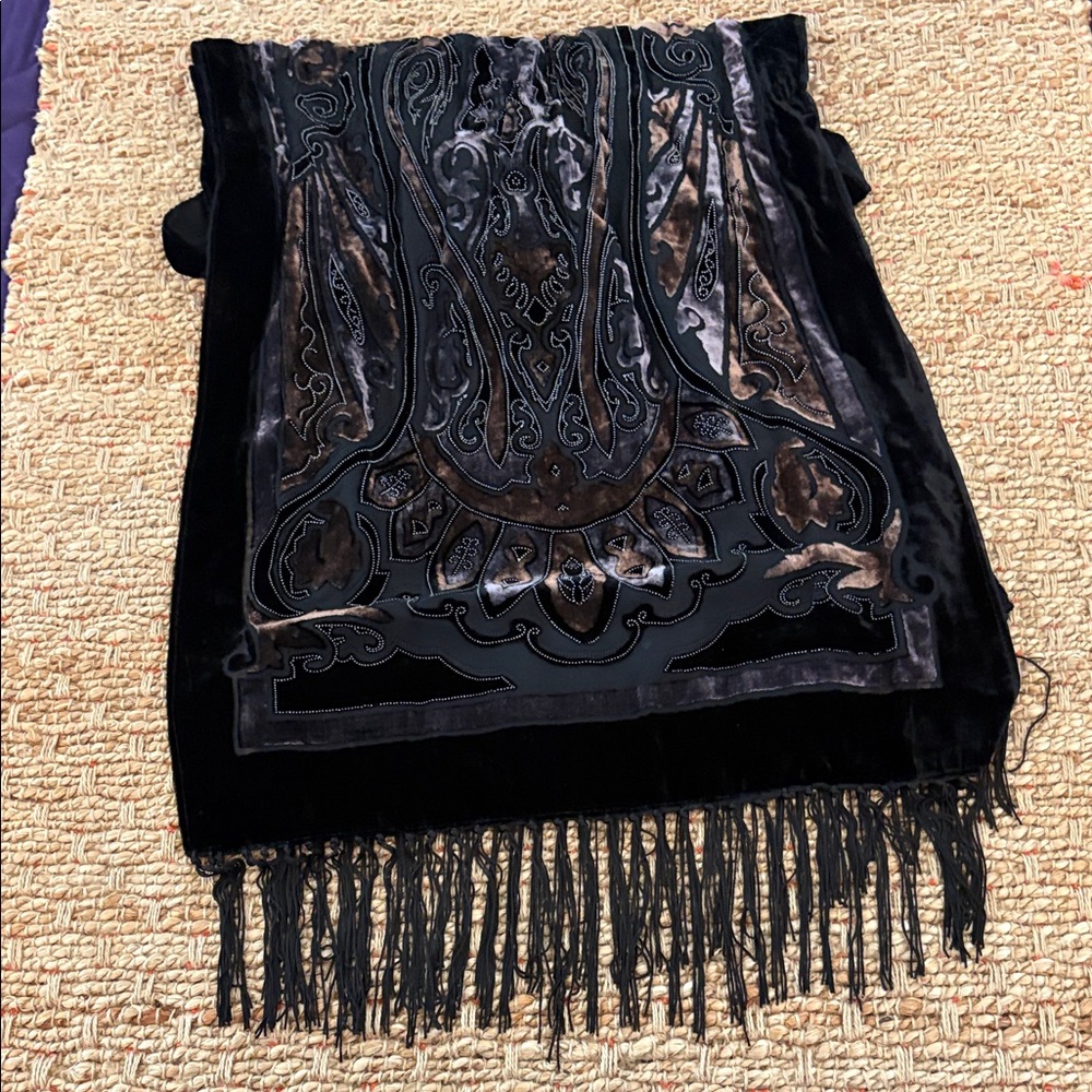 Elegant Black and Brown Velvet Burnout Fringed Scarf
